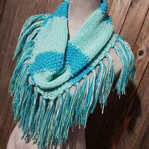 NEW Hand Knitted Boho Cowl Scarf Fringe Green Turquoise Artsy Whimsy Fairy Glam
